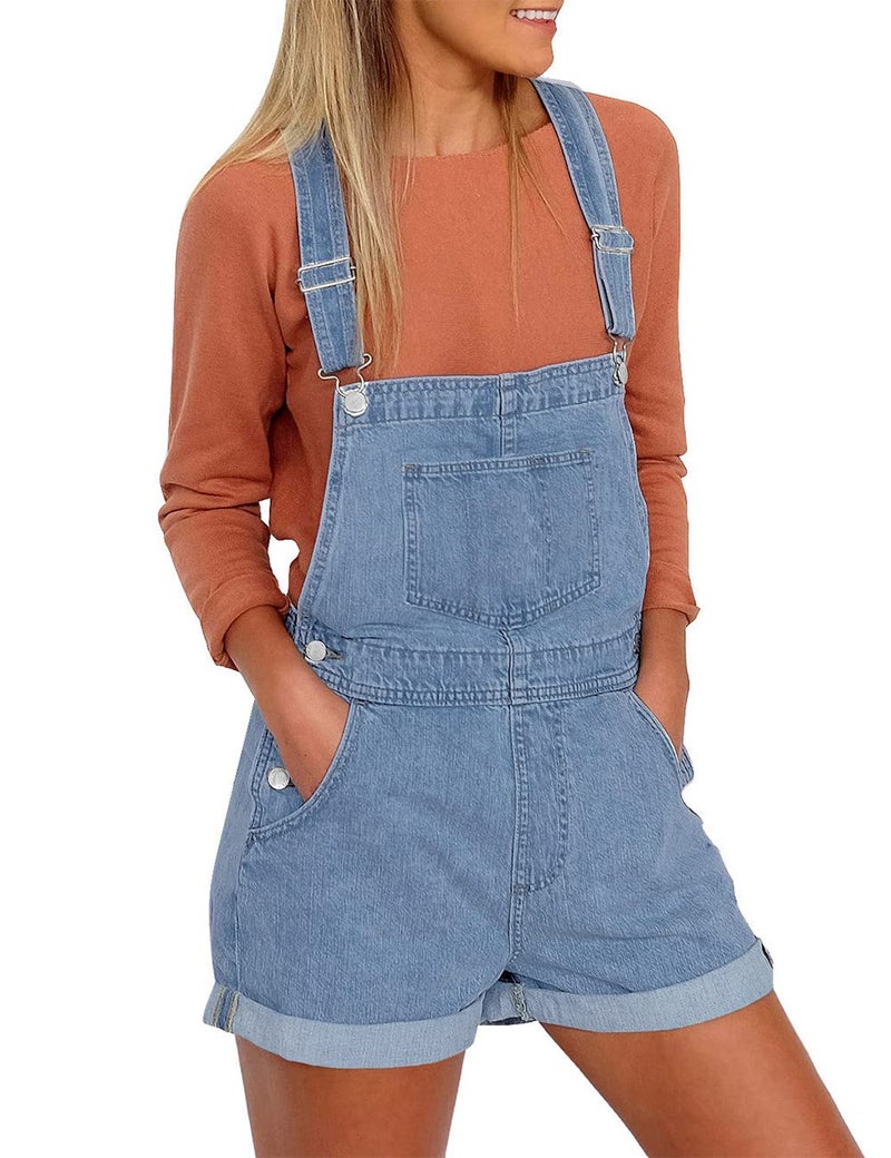 Vetinee Women's Light Blue Classic Adjustable Straps Cuffed Hem Denim Bib Overall Shorts Medium - Image 1
